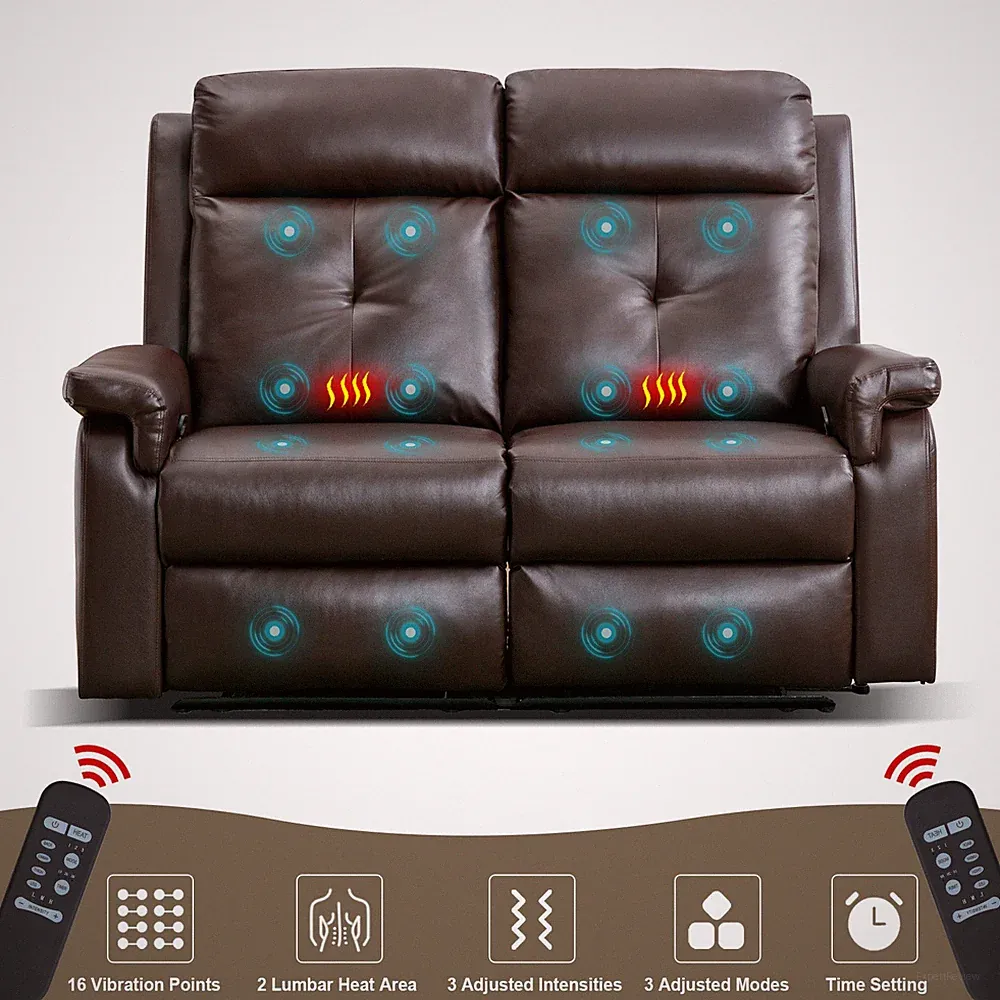 2 Seater Recliner Sofa - Double Reclining Loveseat with Massage & Heating - PU