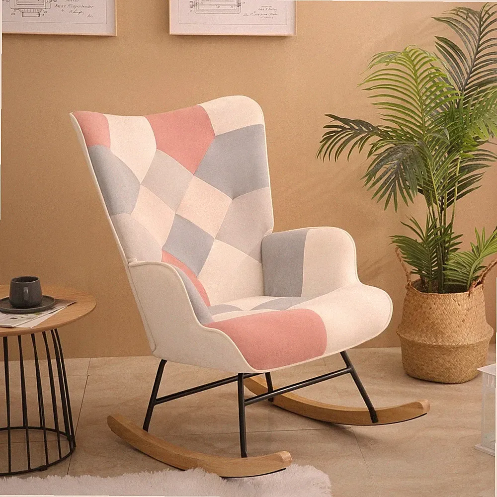 Accent Rocking Chair Mid Century Fabric Rocker Chair with Wood Legs & Patchwork