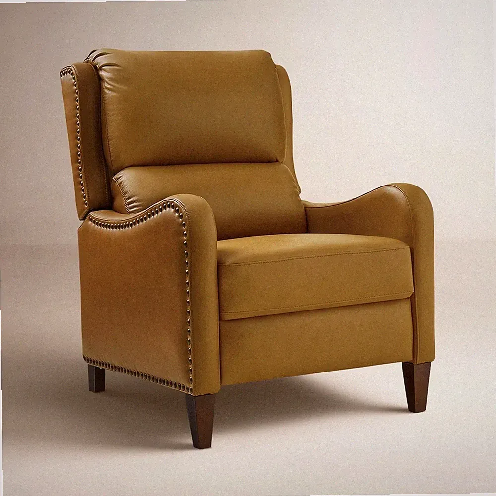 Camel Brown Top Grain Leather Pushback Recliner Club Chair Armchair Wingback NEW