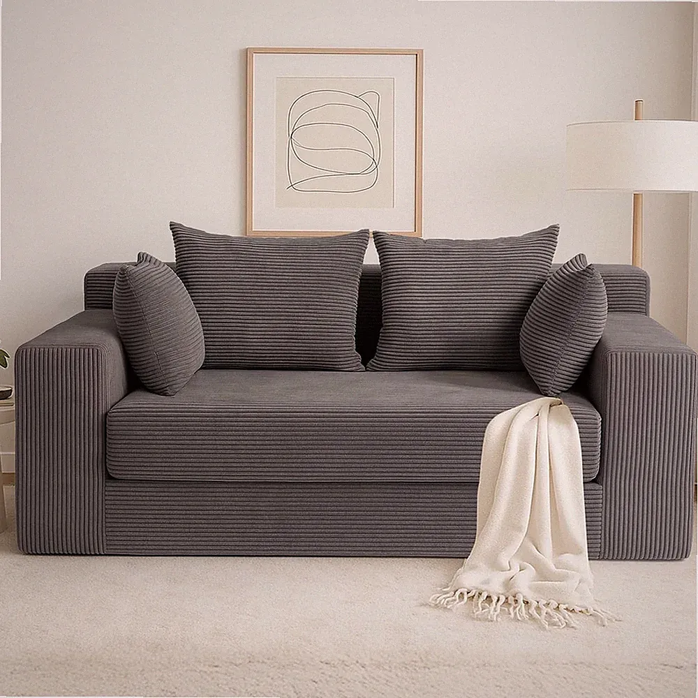 Grey Corduroy 3-in-1 Convertible Sofa Bed with Pillows - Loveseat Futon