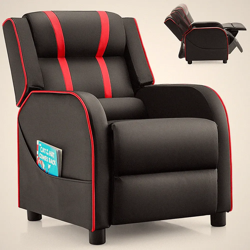 Kids Recliner Chair Ergonomic Leather Sofa Armchair w/Footrest Side Pocket Red