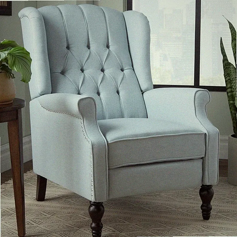 Light Blue Tufted Wingback Manual Pushback Recliner Chair Nailhead Club Armchair