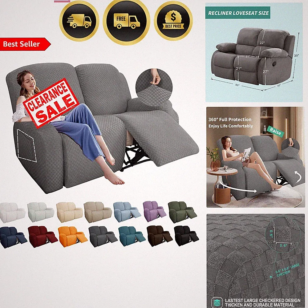 Loveseat Recliner Slipcover 6 Pieces Checkered Fitted Sofa Cover with Pockets