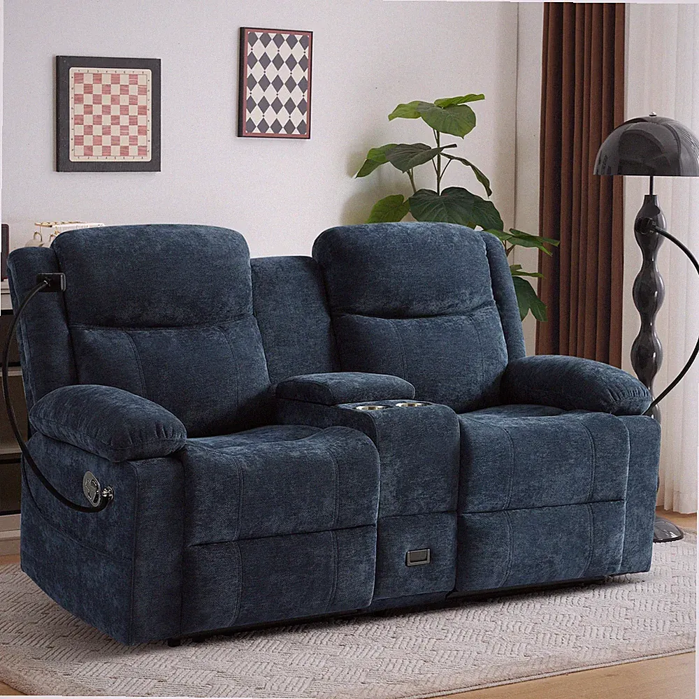 Loveseat Recliner Sofa, Manual Recliner Loveseat with Console, Modern Chenille