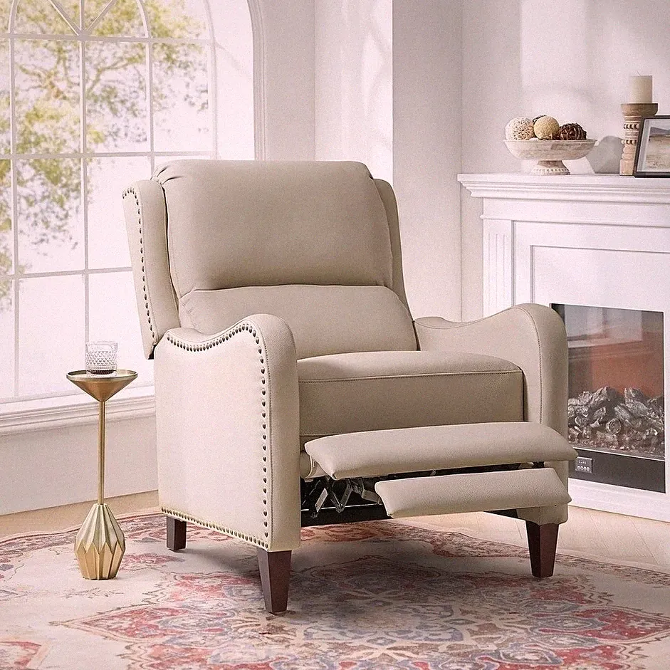 Top Grain Beige Leather Pushback Recliner Club Arm Chair Armchair Wingback New